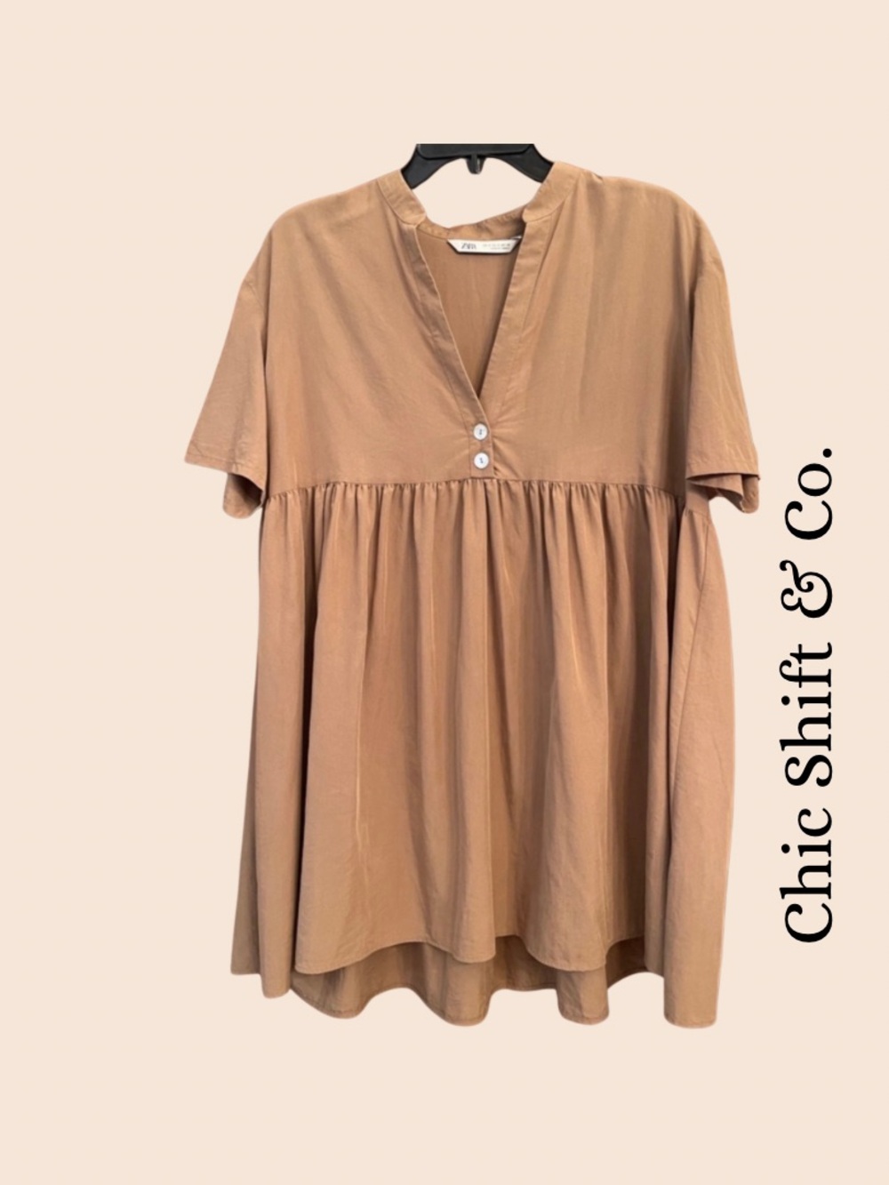 Zara Taupe Short-Sleeve Babydoll Dress Small